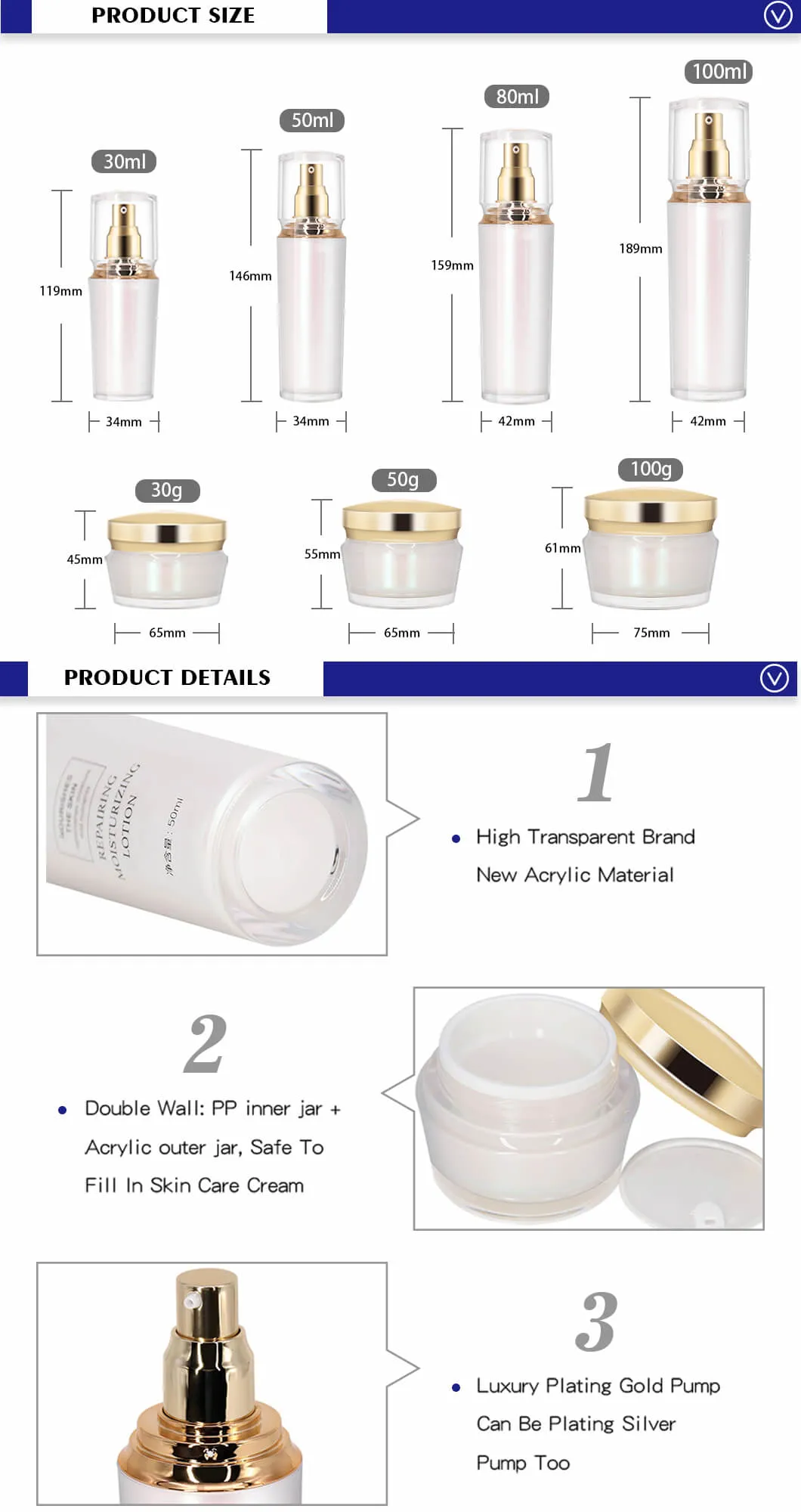 Luxury Skincare Packaging Plastic 30ml 50ml 80ml 100ml Acrylic Cosmetic Cream Jars and Lotion Bottles