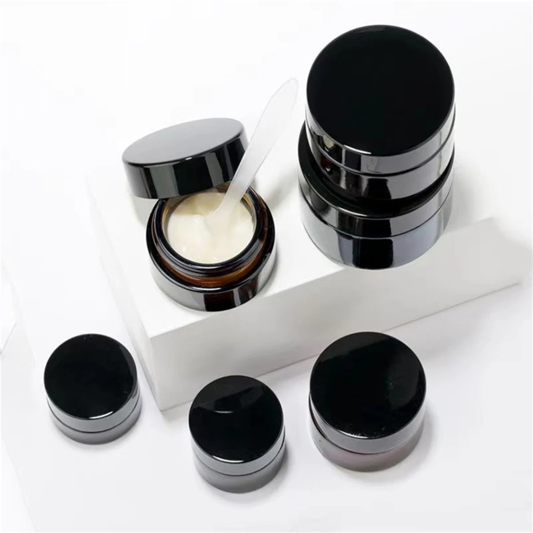 30g/1oz Amber Frosted Glass Jar Cosmetic Cream Bottle Lotion Jar with Black Plastic Lid and White Liner